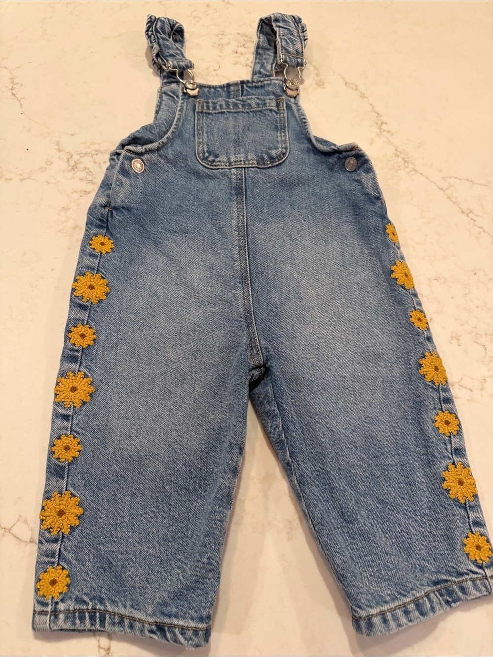 Zara Denim Embroidered Sunflower Trimmed Overalls 12-18 mo